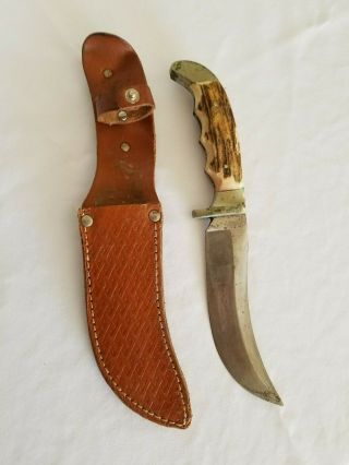 Vintage Anton Wingen Jr.  Solingen Germany Stag Handle Knife - W/ Leather Sheath