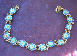 Vintage Sterling Silver Blue Enamel Cloisonné Forget Me Not Flower Bracelet Fas