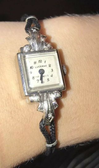 Antique 14k White Gold Wakmann Lucerne 17 Jewels W/ Diamonds Ladies Wrist Watch