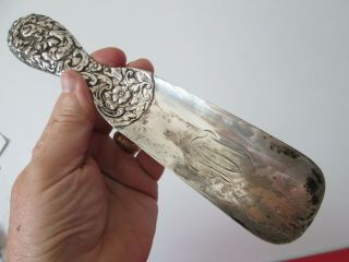 Large Antique Ornate - Repousse Pattern - Solid Sterling 8 3/4 In Shoe Horn