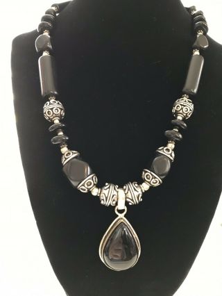 Vintage Mexico Sterling Silver 925 Black Onyx Gemstone Bead Necklace