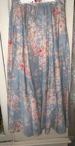 Vtg Ralph Lauren Size 8 Rare Duck Egg Blue Pink Roses Cotton Long Floral Skirt