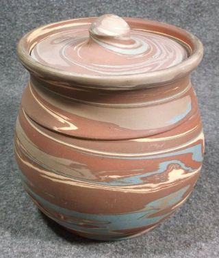 VINTAGE NILOAK MISSION SWIRL COVERED JAR WITH TAG 6 IN ROUND 5 IN TALL 7