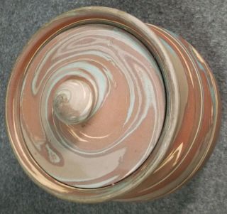 VINTAGE NILOAK MISSION SWIRL COVERED JAR WITH TAG 6 IN ROUND 5 IN TALL 8