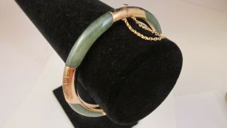 Vtg 14k 585 Solid Yellow Gold & Jade Cuff Bracelet 25 Gm.  6 " - 7.  5 " Wrist