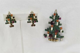 Vtg Weiss Rhinestone Christmas Tree Brooch Set Clip On Earrings Candles Holiday