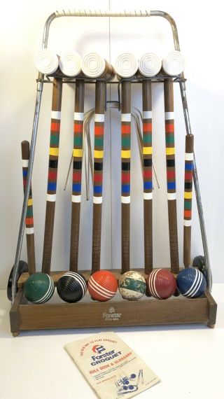 Vintage Forster Deluxe " Skowhegan " Croquet Set 6 Player With Rolling Lawn Rack