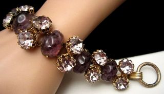 Rare Vtg 7 - 3/4x1 " Goldtone Purple Dimpled Glass Lavendar Rhinestone Bracelet A76