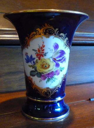 Vintage Meissen Trumpet Vase Cobalt Blue Floral & Gold 5 1/4 " Tall Germany
