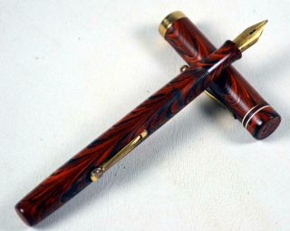 Vintage Waterman Red Ripple 5 Fountain Pen Red Semi - Flex Nib Gold Band C.  1930