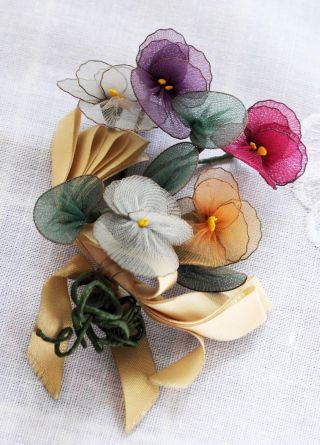 Antique French Millinery Flowers Pansies Handmade Hat Corsage Doll Net Netting