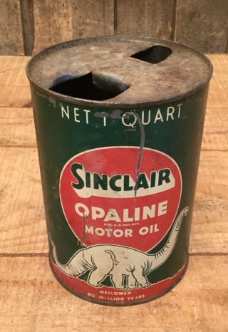 Vintage Sinclair Opaline Motor Oil Gas Service Station Tin Can Dino Graphic Sign