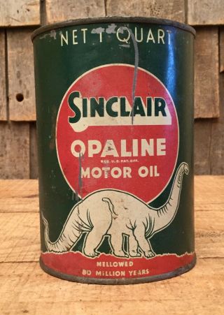 Vintage SINCLAIR OPALINE Motor Oil Gas Service Station Tin Can Dino Graphic Sign 2