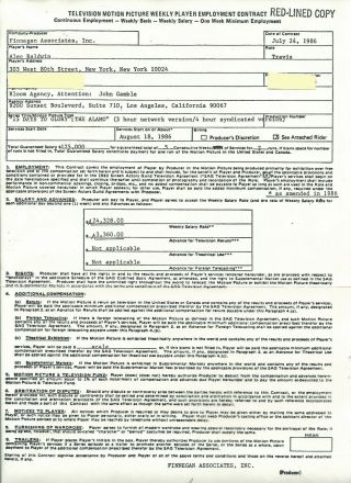 Alec Baldwin Psa Dna Early & Vintage 1986 Signed Contract For The Alamo