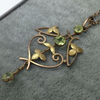 Fine Art Nouveau 9ct Gold Antique Edwardian Green Gem Set Pendant On 9ct Chain