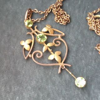 Fine Art Nouveau 9ct Gold Antique Edwardian Green Gem Set Pendant on 9ct Chain 4