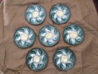 7x Vintage St Clement France Majolica 4589 Green Sea Shell Oyster Plates 9.  75 "