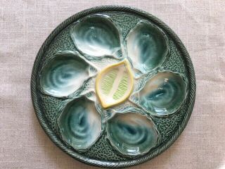 7x Vintage St Clement France Majolica 4589 Green Sea Shell Oyster Plates 9.  75 