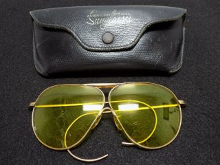 Vintage American Optical Aviator Sunglasses Yellow Lens W/ Case 12kt Gold Filled