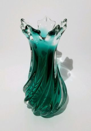 Vintage Bohemian Green Art Glass Vase Rubin Crystal Handmade Czech Republic