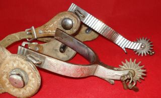 Vintage Nudie’s Spurs Silver Trim 1 - 1/2” Rowel Tooled Leather Straps Jingle Bobs