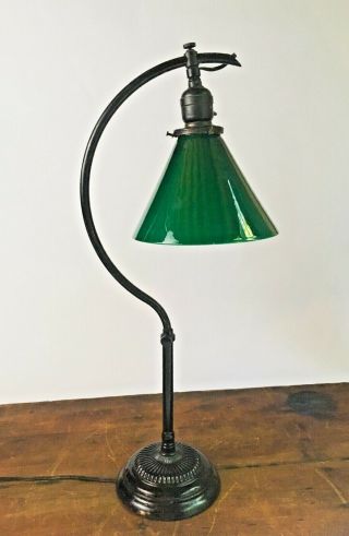 Antique FARIES C - Arm Adjustable Industrial Table Desk Lamp Emeralite Shade 2