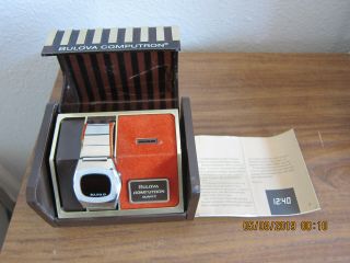 Vintage Mens Bulova Computron Quartz Led Watch Box Book,  Minty