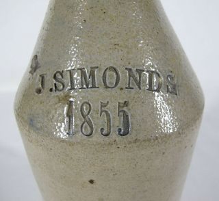 Antique Dated 1855 Pre Prohibition Cobalt Stoneware Bottle J Simonds Yqz