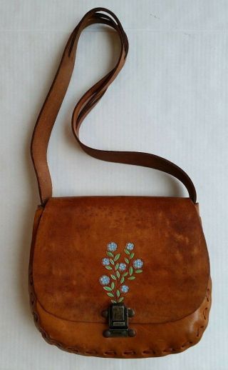 Vintage Hand Tooled Leather Shoulder Bag Purse Hippie Boho Painted Flowers