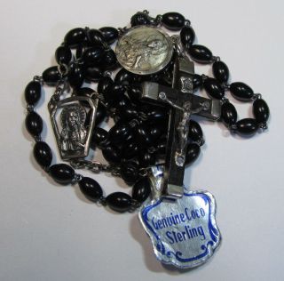 † Old Stock Nwt Vintage Sterling Black Oval Small Rosary Tag & Scapular Medal †