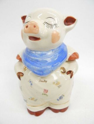 Vintage Shawnee Smiley Pig Cookie Jar W/blue Scarf Flower Design & Gold Trim Vgc
