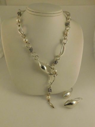 Michael Dawkins 14k Gold Sterling Silver Pearl Necklace & Earrings Set