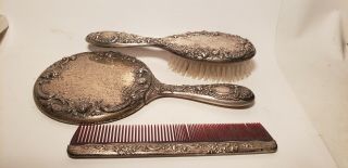 3 Pc Antiqu Gorham Sterling Silver Mirror - Brush - Comb Set - Mono - 7 In - 9in - Vanity