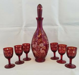 Vintage Bohemian Ruby Red Crystal Cut To Clear Wine Decanter Set 6 Glasses Bird