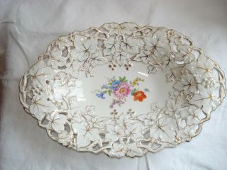 Antique Meissen Porcelain Serving Plate / Bowl Raised Gold Gilt & Floral Platter