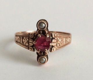 Antique 10k Gold Ring With Ornate Design,  Red Stone & Pearls,  Size 7 ½
