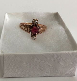 Antique 10K Gold Ring with Ornate Design,  Red Stone & Pearls,  Size 7 ½ 5