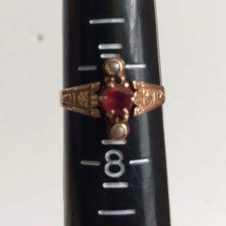 Antique 10K Gold Ring with Ornate Design,  Red Stone & Pearls,  Size 7 ½ 6