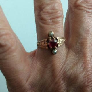 Antique 10K Gold Ring with Ornate Design,  Red Stone & Pearls,  Size 7 ½ 7