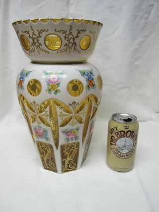 Exquisite Large Vintage Moser Bohemian Hand Painted White Cut To Amber Vase