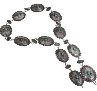 Antique Navajo Squash Blossom Necklace / Concho Belt Turquoise Old Pawn Sterling 8