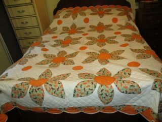Vintage Handmade Cotton Quilt - 75 " X 92 " - Hand Quilted & Stitched