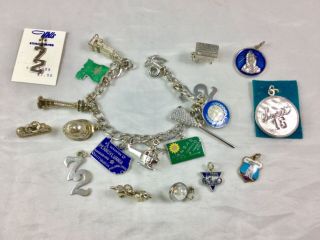 Vintage Sterling Silver Charm Bracelet With 11 Charms & 10 Extra Charms C.  1970