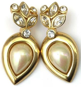 Vintage Christian Dior Earrings Faux Pearl Clear Rhinestone Pierced Ears