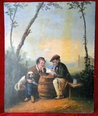Antique Oil Painting On Canvas " The Politicians " Signed And Dated 1839