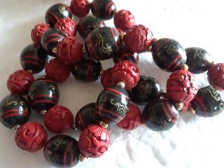 Vintage Chinese Export Red Carved Cinnabar Dragon Enamel Beads Necklace