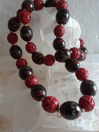 VINTAGE CHINESE EXPORT RED CARVED CINNABAR DRAGON ENAMEL BEADS NECKLACE 6