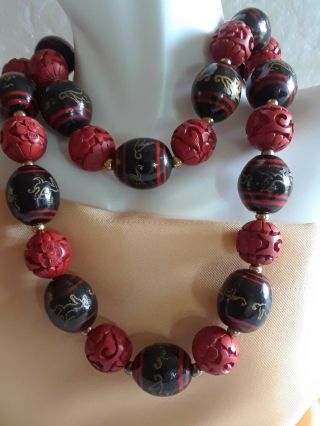 VINTAGE CHINESE EXPORT RED CARVED CINNABAR DRAGON ENAMEL BEADS NECKLACE 7