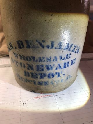 Antique Jas.  Benjamin Salt Glaze 9” Stoneware Crock Cinn.  Ohio Cobalt Lettering