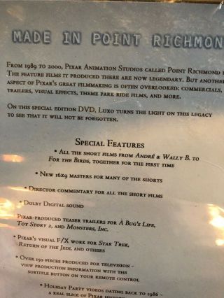 VERY VERY RARE PIXAR Studios MADE IN POINT RICHMOND Film DVD 7